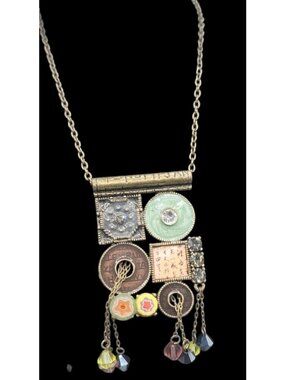 Vtg Unica Mixed Media Hippie Style Necklace 17" Enamel Boho Dangling Crystals